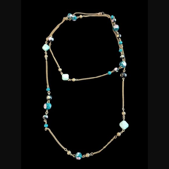 Vintage Hand Painted Artisan Gold Tone Wrapable 48" Long Necklace - Picture 1 of 8